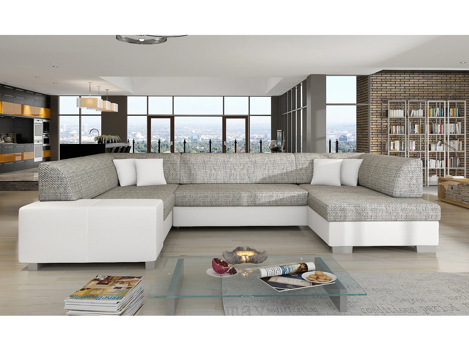 Canapé convertible panoramique bi matières tissu gris clair chiné et simili cuir blanc avec coffre de rangement Houston 320cm-Coffre de rangement à droite