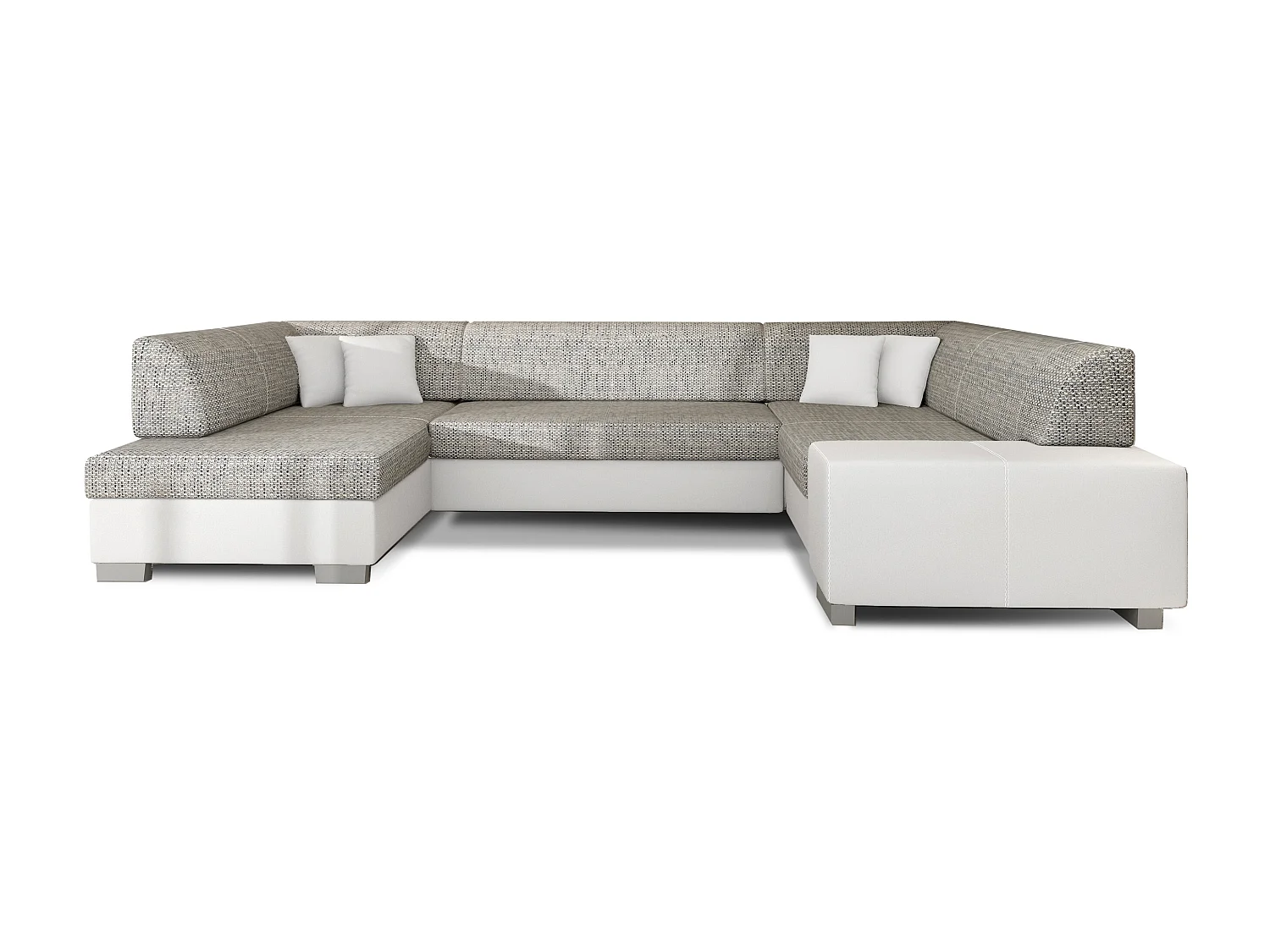 Canapé convertible panoramique bi matières tissu gris clair chiné et simili cuir blanc avec coffre de rangement Houston 320cm-Coffre de rangement à droite