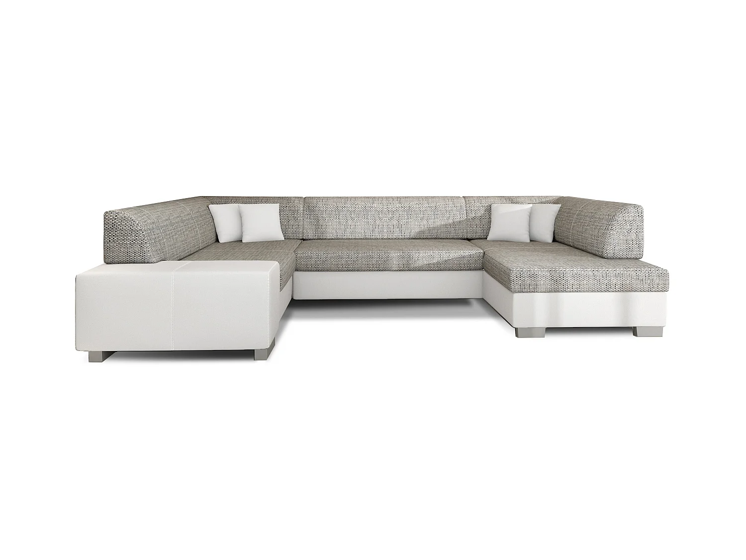 Canapé convertible panoramique bi matières tissu gris clair chiné et simili cuir blanc avec coffre de rangement Houston 320cm-Coffre de rangement à droite