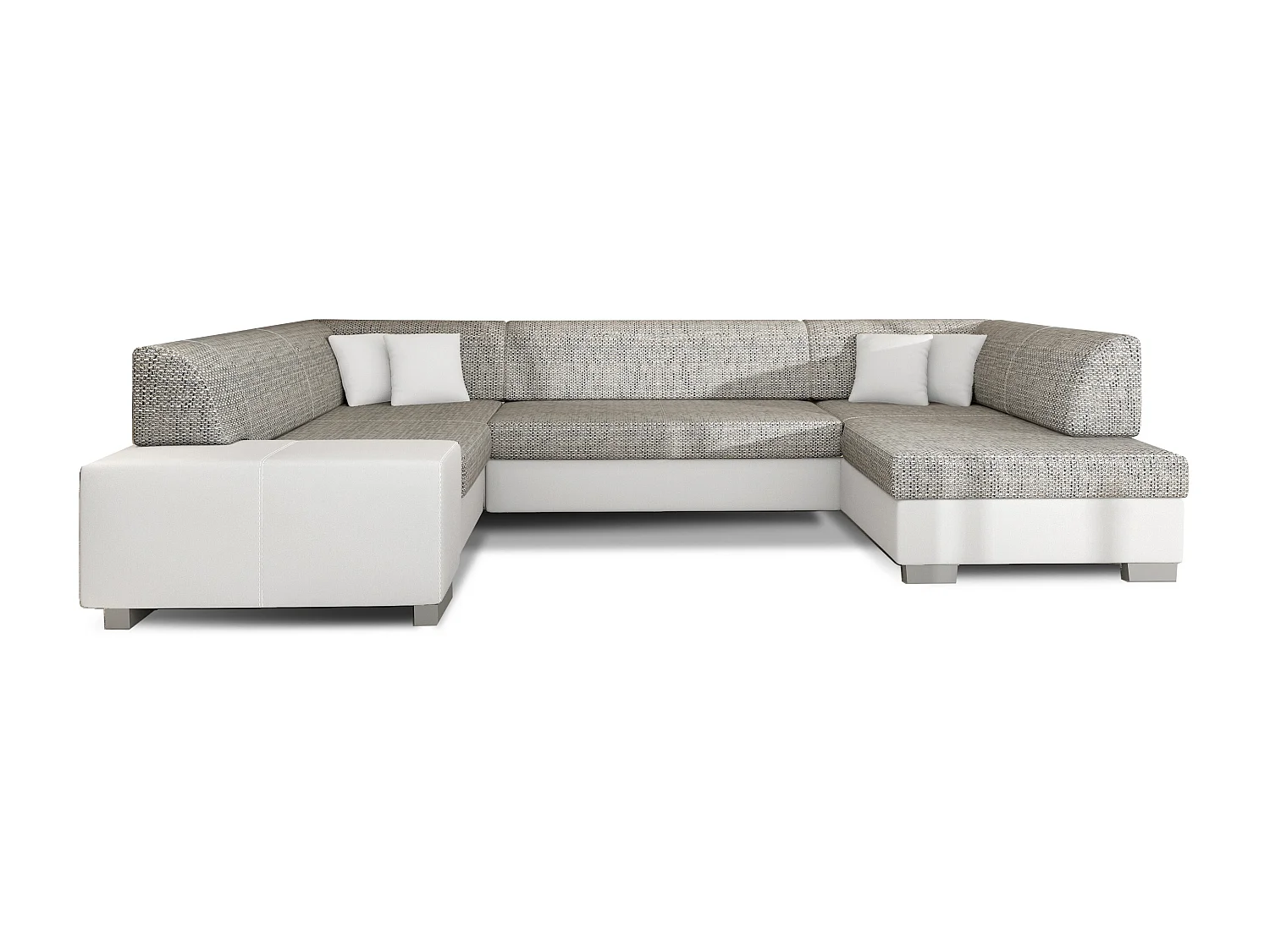 Canapé convertible panoramique bi matières tissu gris clair chiné et simili cuir blanc avec coffre de rangement Houston 320cm-Coffre de rangement à droite