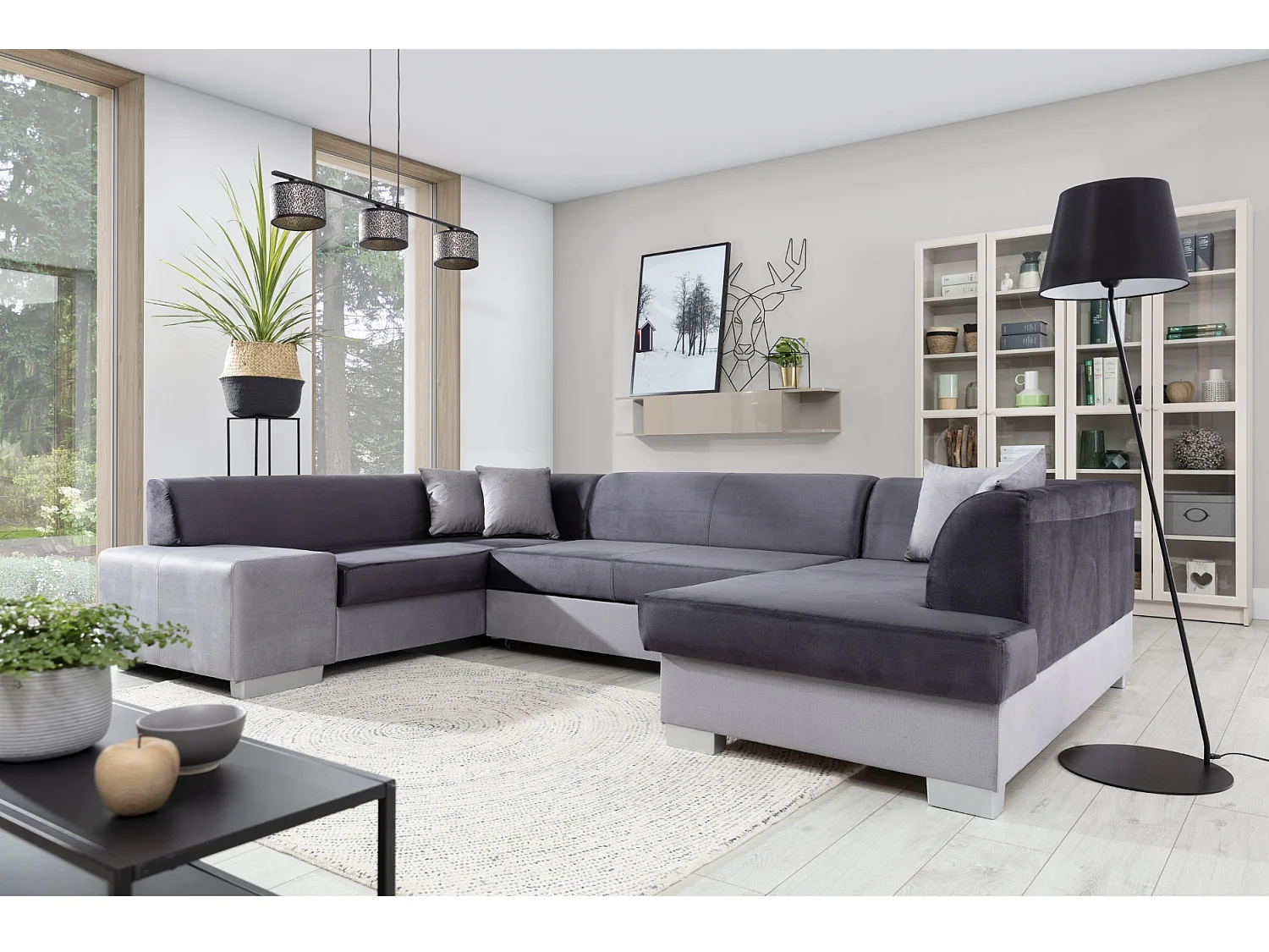 Canapé convertible panoramique bi matières tissu gris clair chiné et simili cuir blanc avec coffre de rangement Houston 320cm-Coffre de rangement à droite