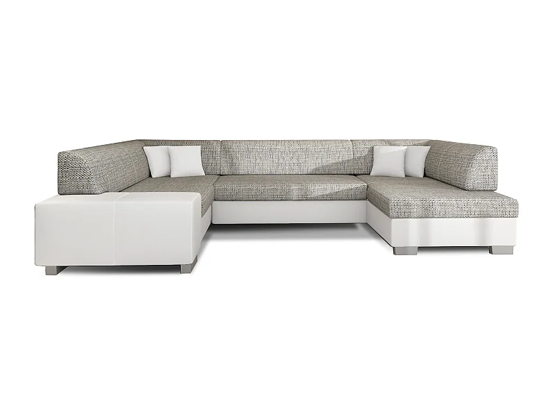 Canapé convertible panoramique bi matières tissu gris clair chiné et simili cuir blanc avec coffre de rangement Houston 320cm-Coffre de rangement à droite