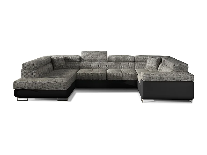 Canapé convertible U gauche tissu gris chiné et simili noir avec coffre de rangement Tovy 340cm