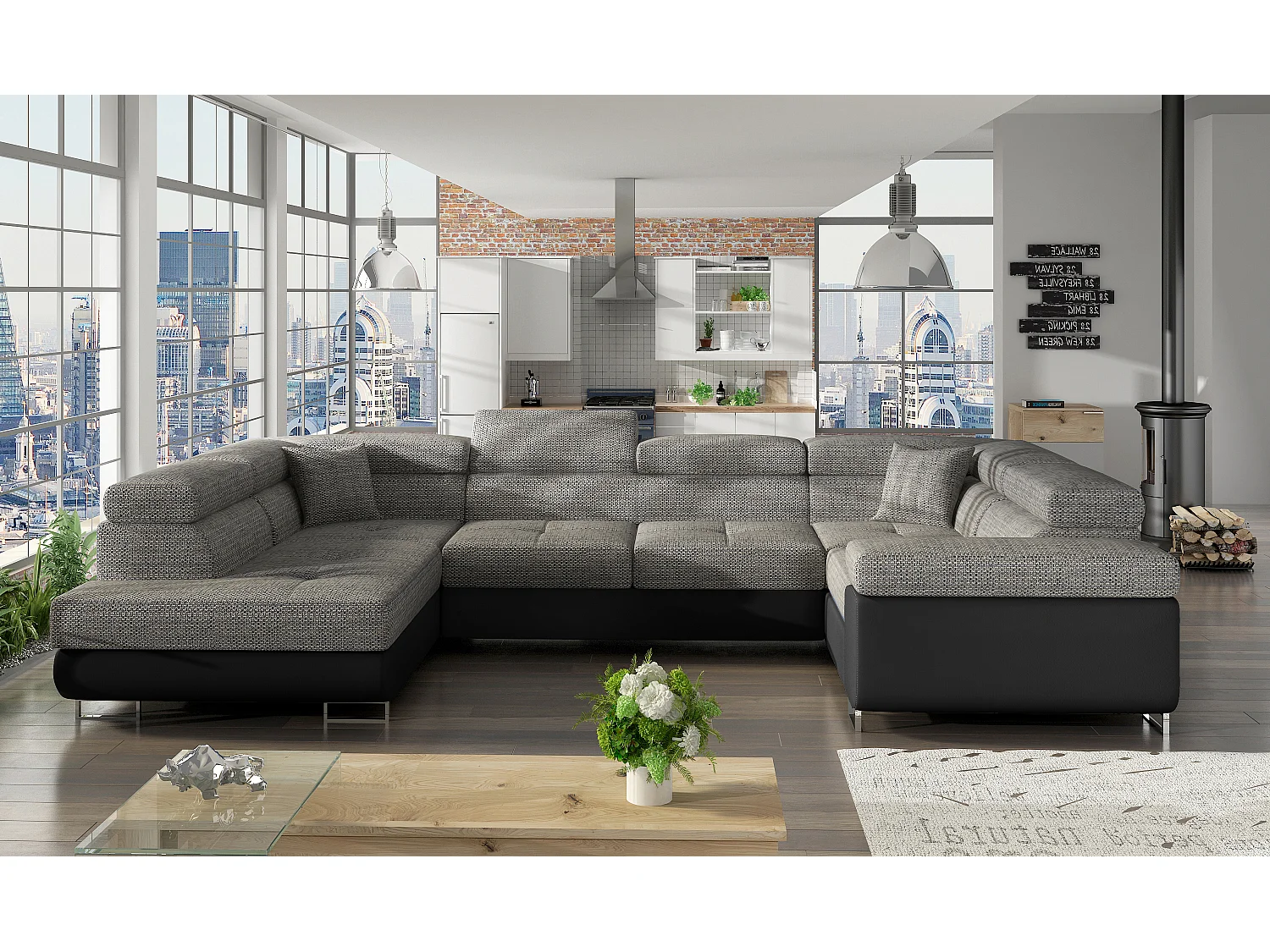 Canapé convertible U gauche tissu gris chiné et simili noir avec coffre de rangement Tovy 340cm