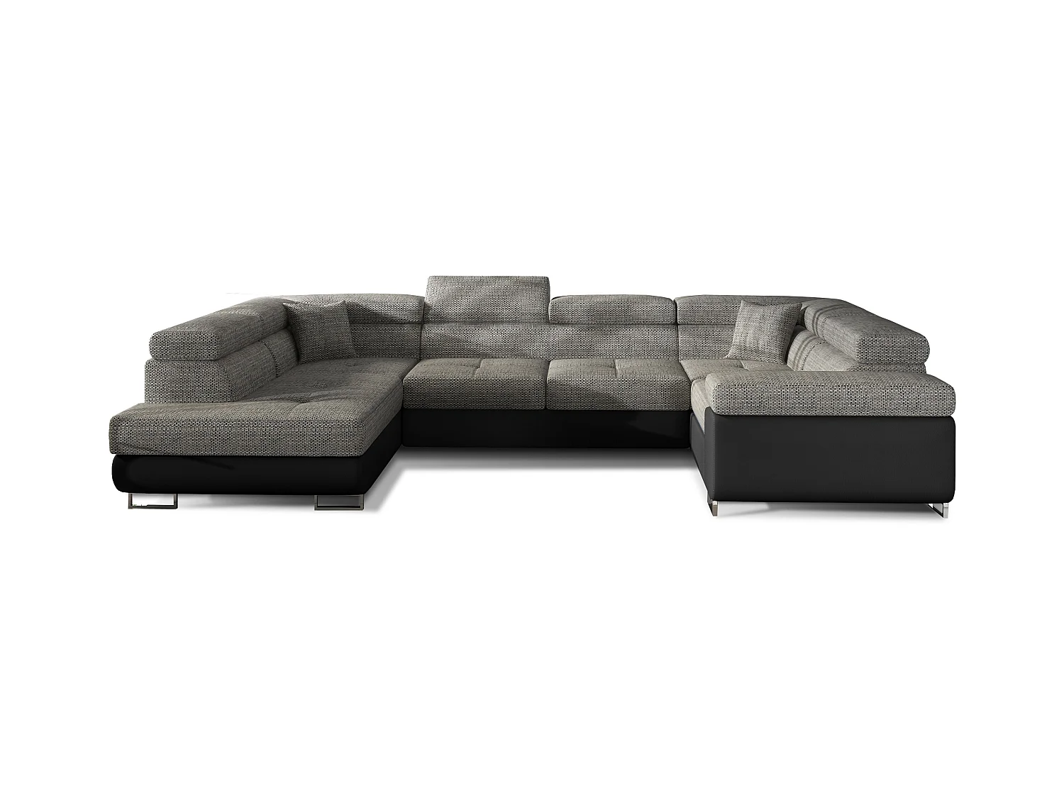 Canapé convertible U gauche tissu gris chiné et simili noir avec coffre de rangement Tovy 340cm