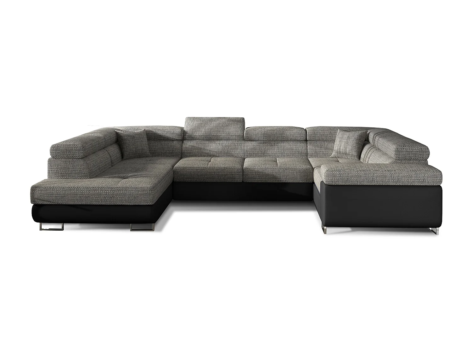 Canapé convertible U gauche tissu gris chiné et simili noir avec coffre de rangement Tovy 340cm
