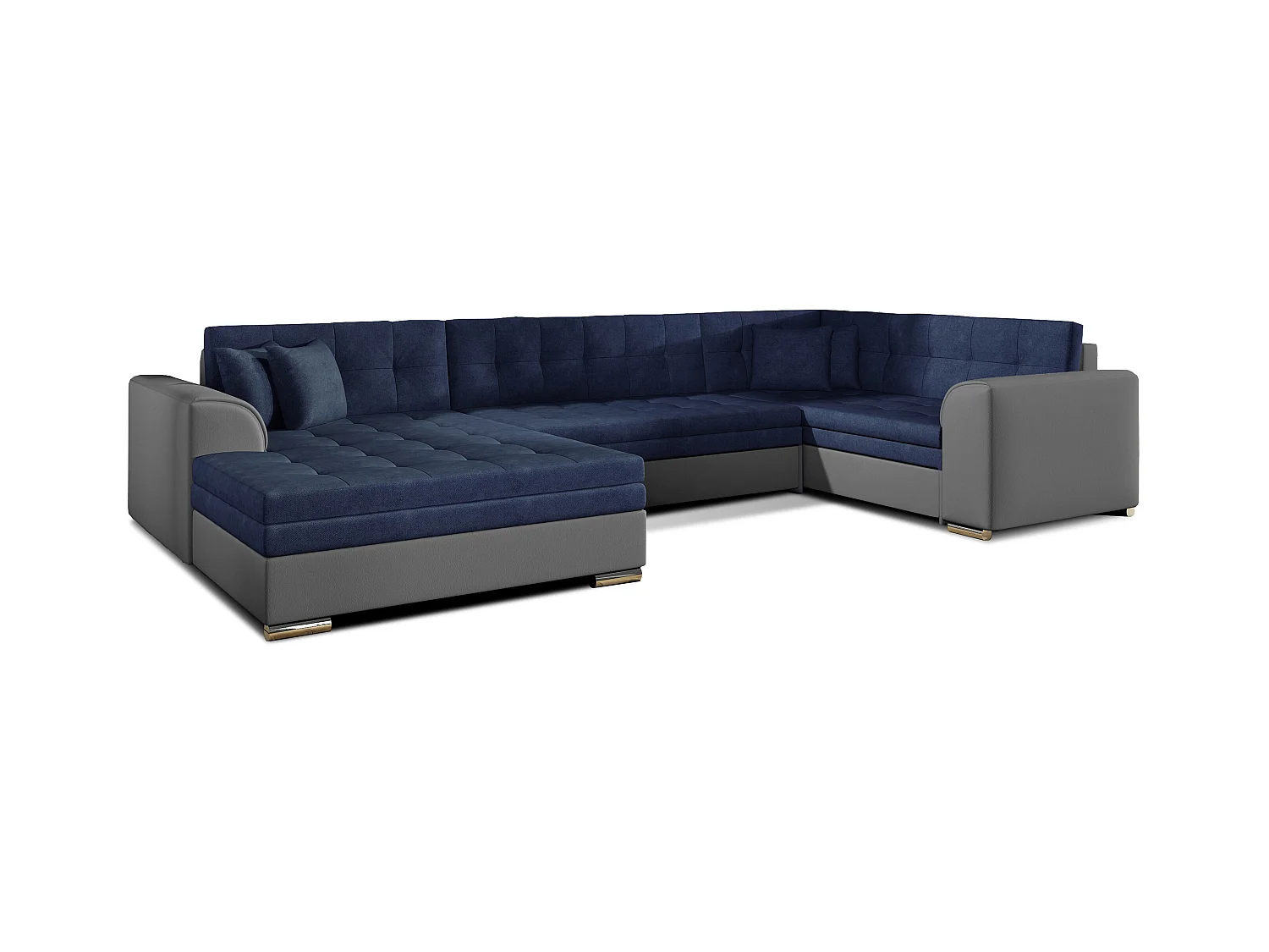 Canapé convertible panoramique tissu bleu marine et simili gris méridienne à gauche Diana 340cm