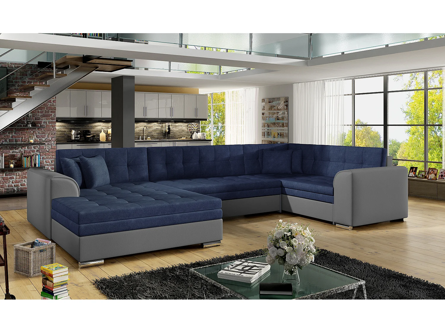 Canapé convertible panoramique tissu bleu marine et simili gris méridienne à gauche Diana 340cm