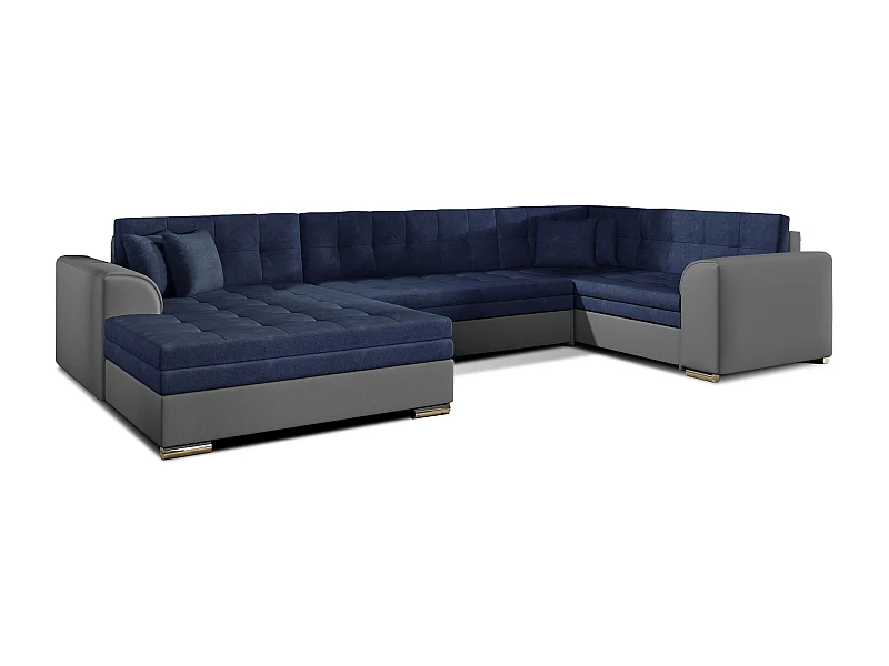 Panoramische slaapbank in marineblauwe stof en grijze imitatie chaise longue aan de linkerkant Diana 340 cm