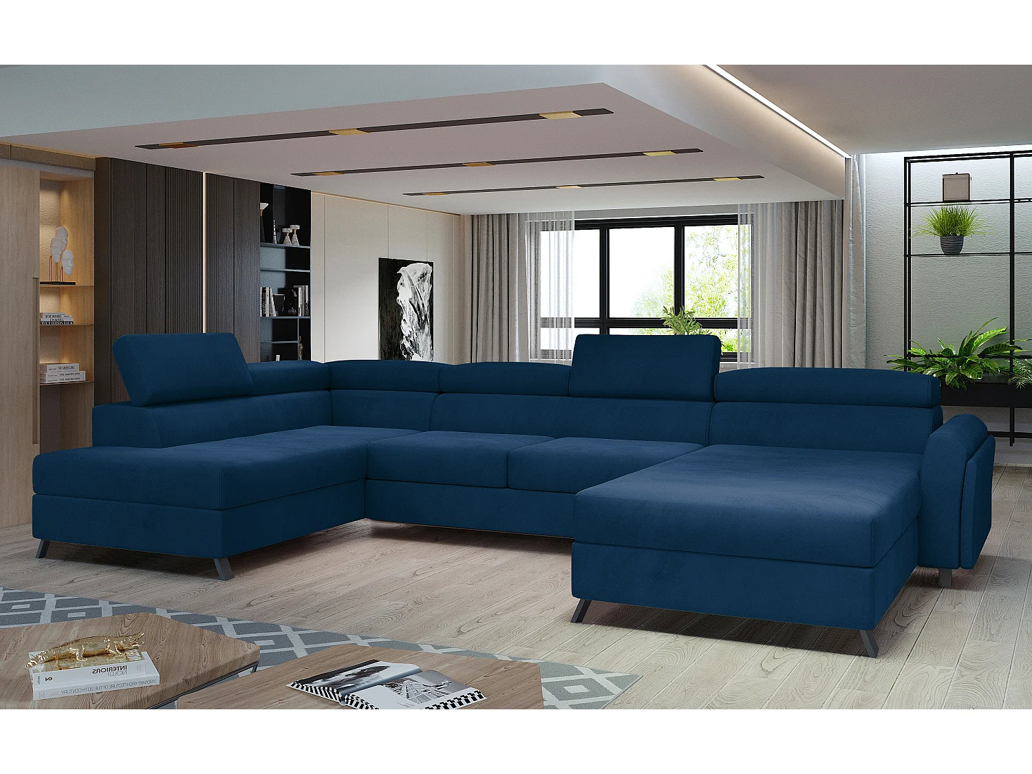 Grand canapé panoramique convertible velours bleu pétrole avec coffre Konba 370cm-Coffre de rangement à gauche