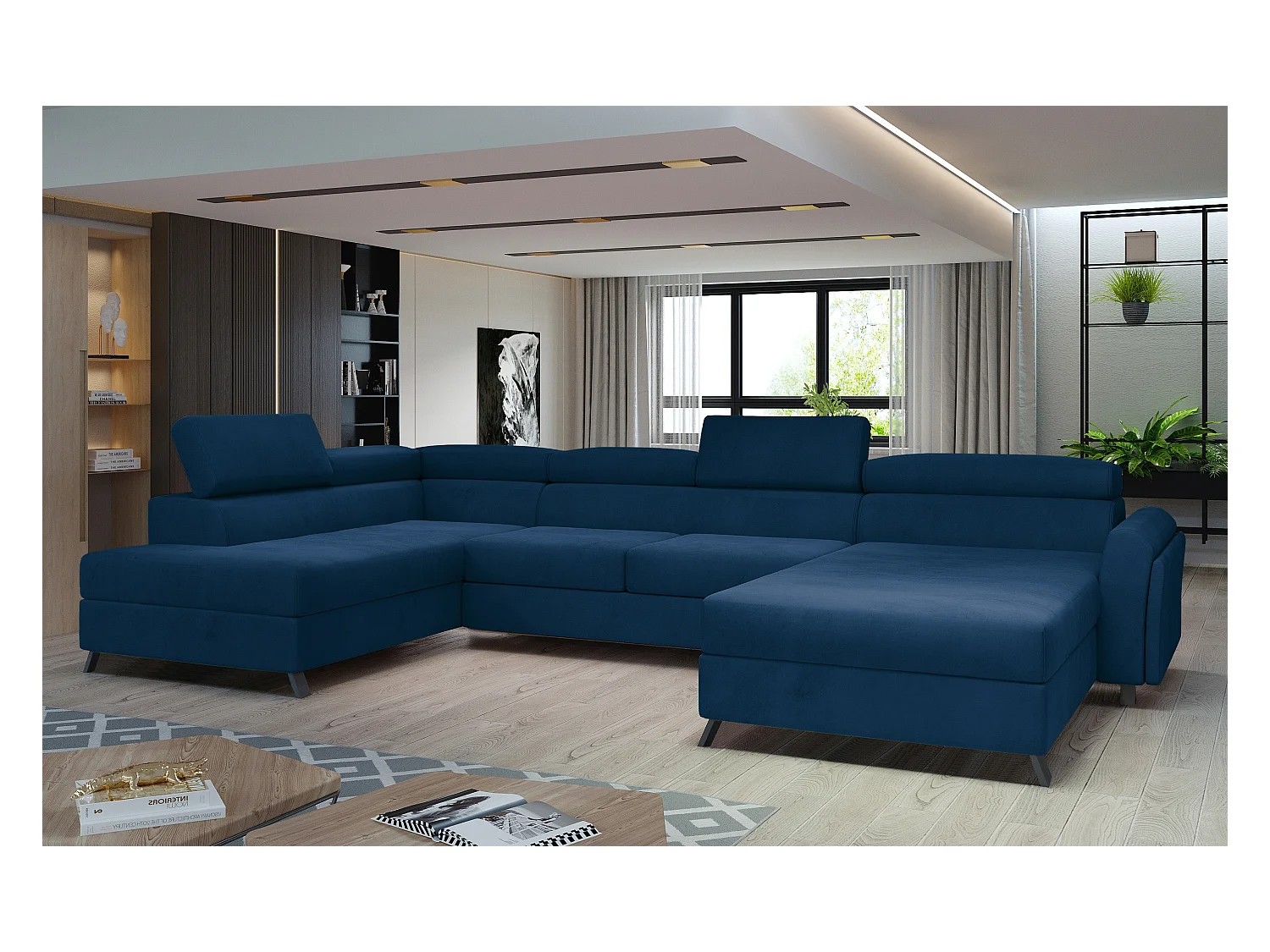 Grote panoramische slaapbank in benzineblauw fluweel met Konba-kist 370 cm-Opslagruimte naar links
