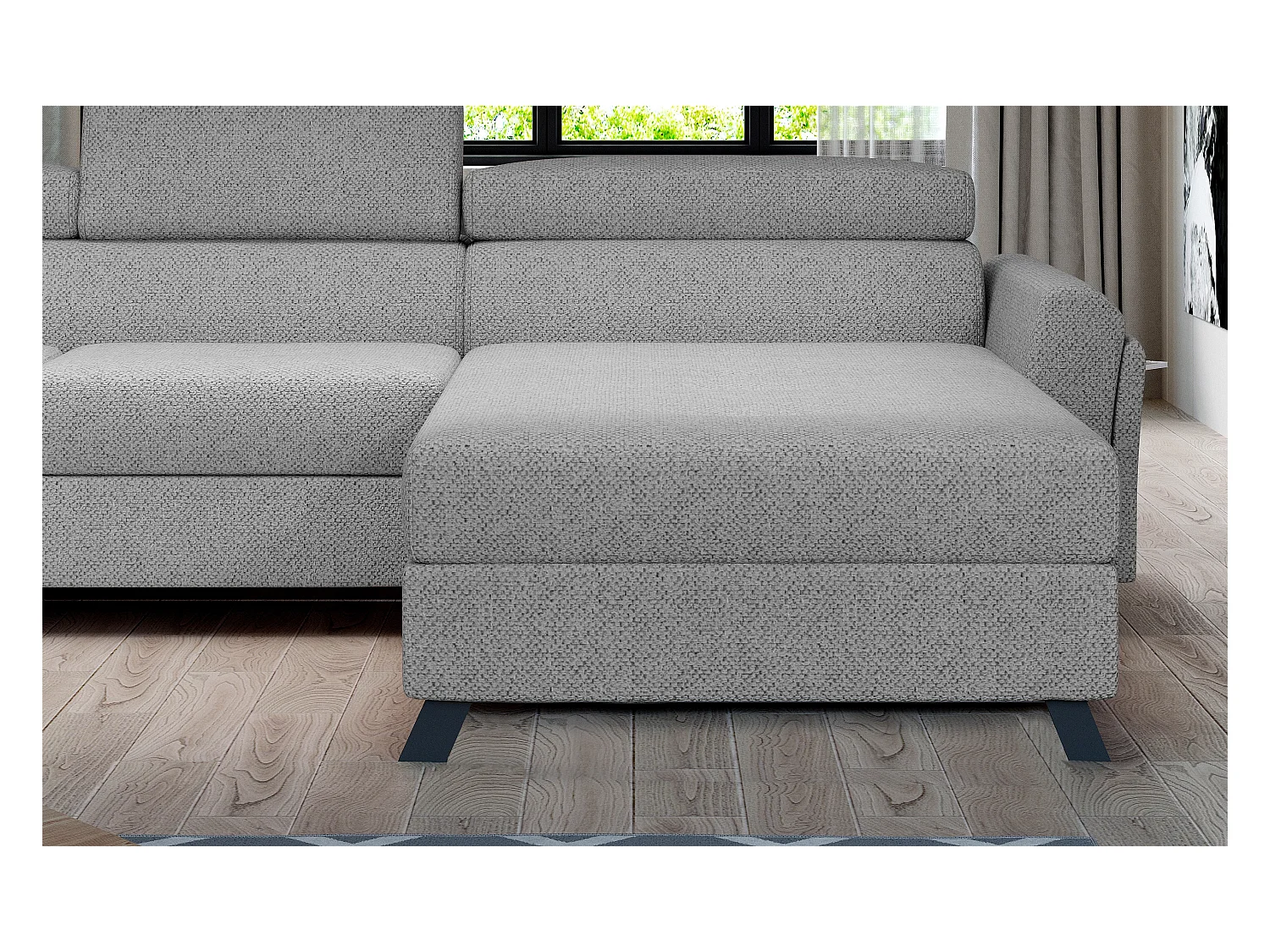 Grote panoramische slaapbank in benzineblauw fluweel met Konba-kist 370 cm-Opslagruimte naar links