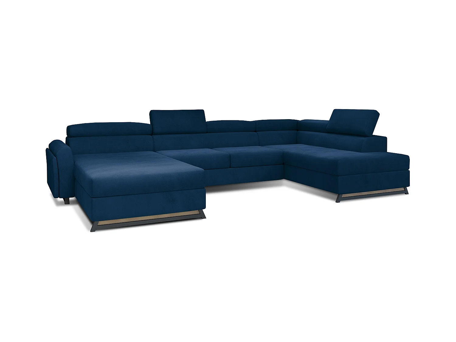 Grote panoramische slaapbank in benzineblauw fluweel met Konba-kist 370 cm-Opslagruimte naar links