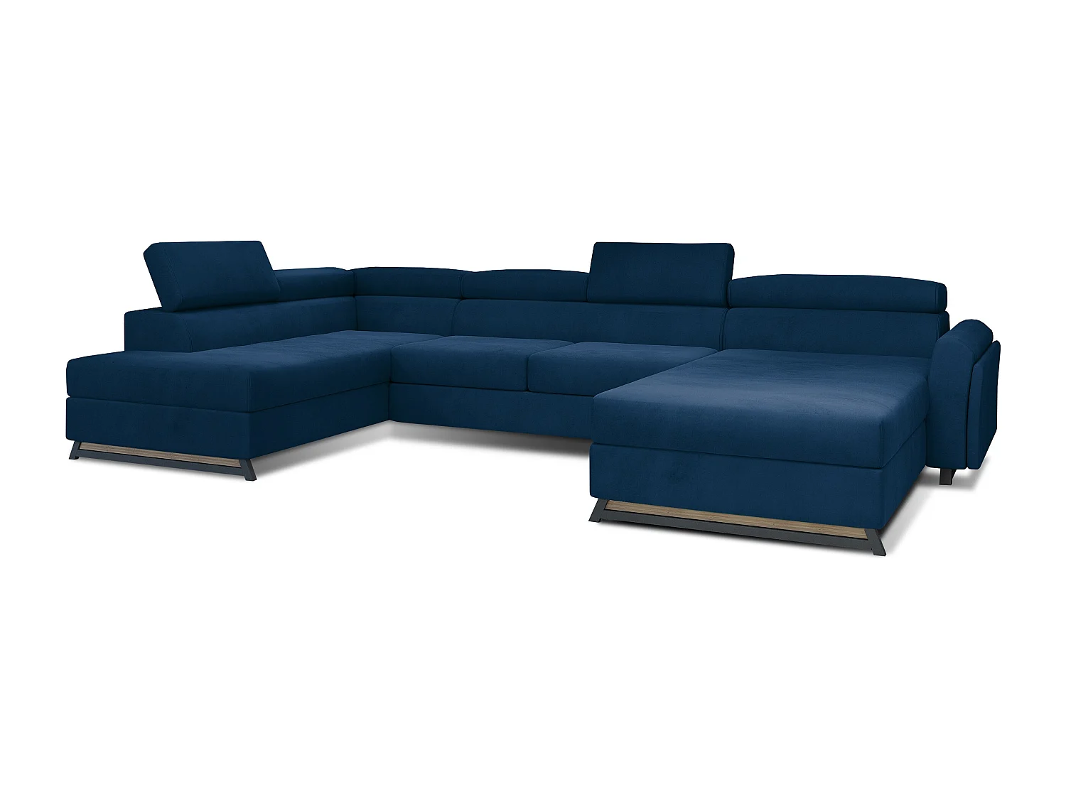 Grand canapé panoramique convertible velours bleu pétrole avec coffre Konba 370cm-Coffre de rangement à gauche