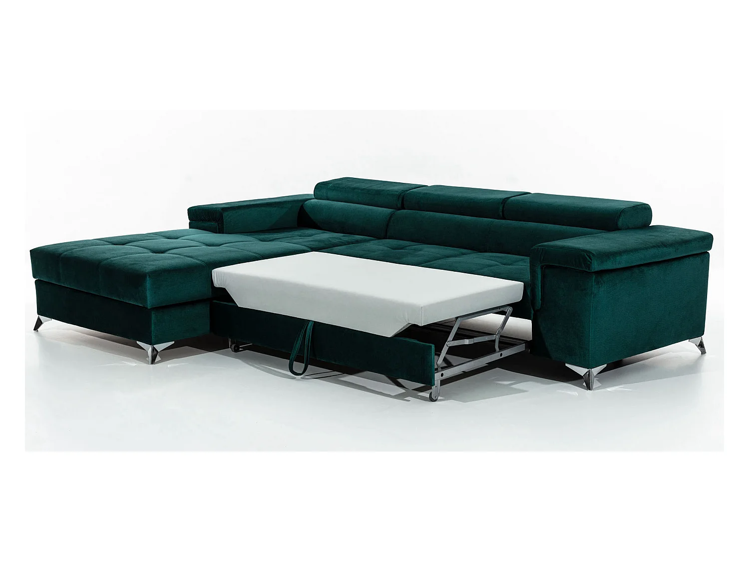 Converteerbare stoffen hoekbank met verstelbare hoofdsteunen Rikaro 280 cm-Kleur Olijfgeel-linkerhoek