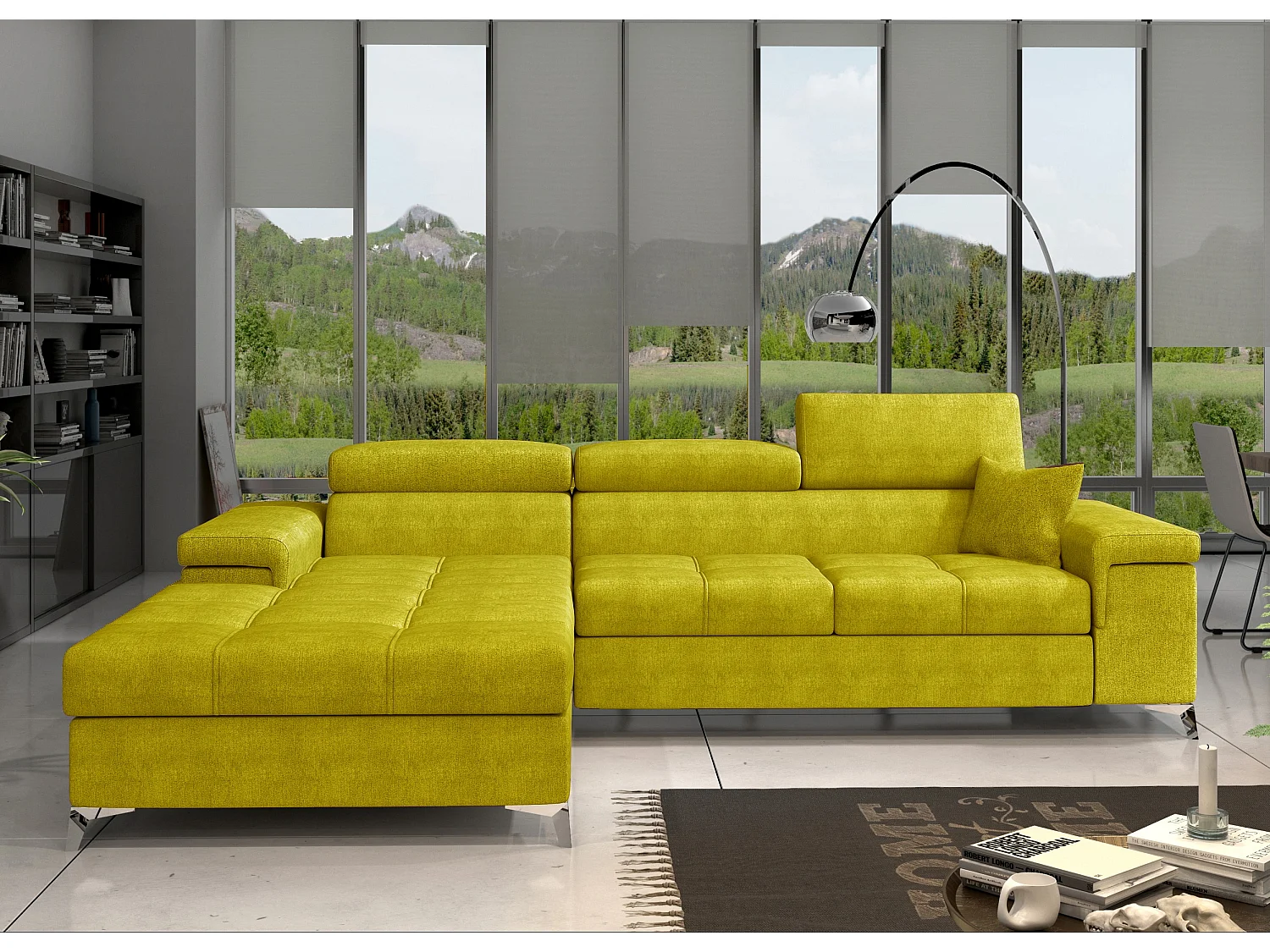 Canapé angle gauche convertible tissu jaune avec appuis-tête réglables Rikaro 280cm