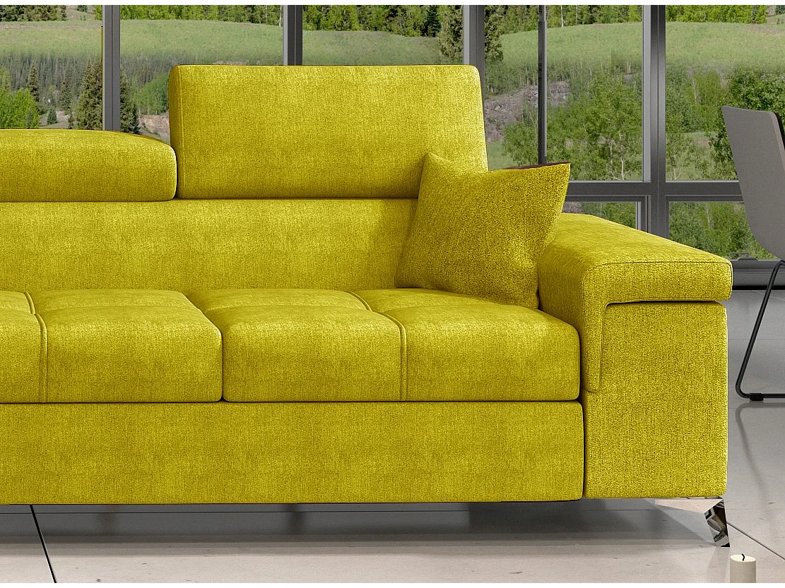 Canapé angle gauche convertible tissu jaune avec appuis-tête réglables Rikaro 280cm