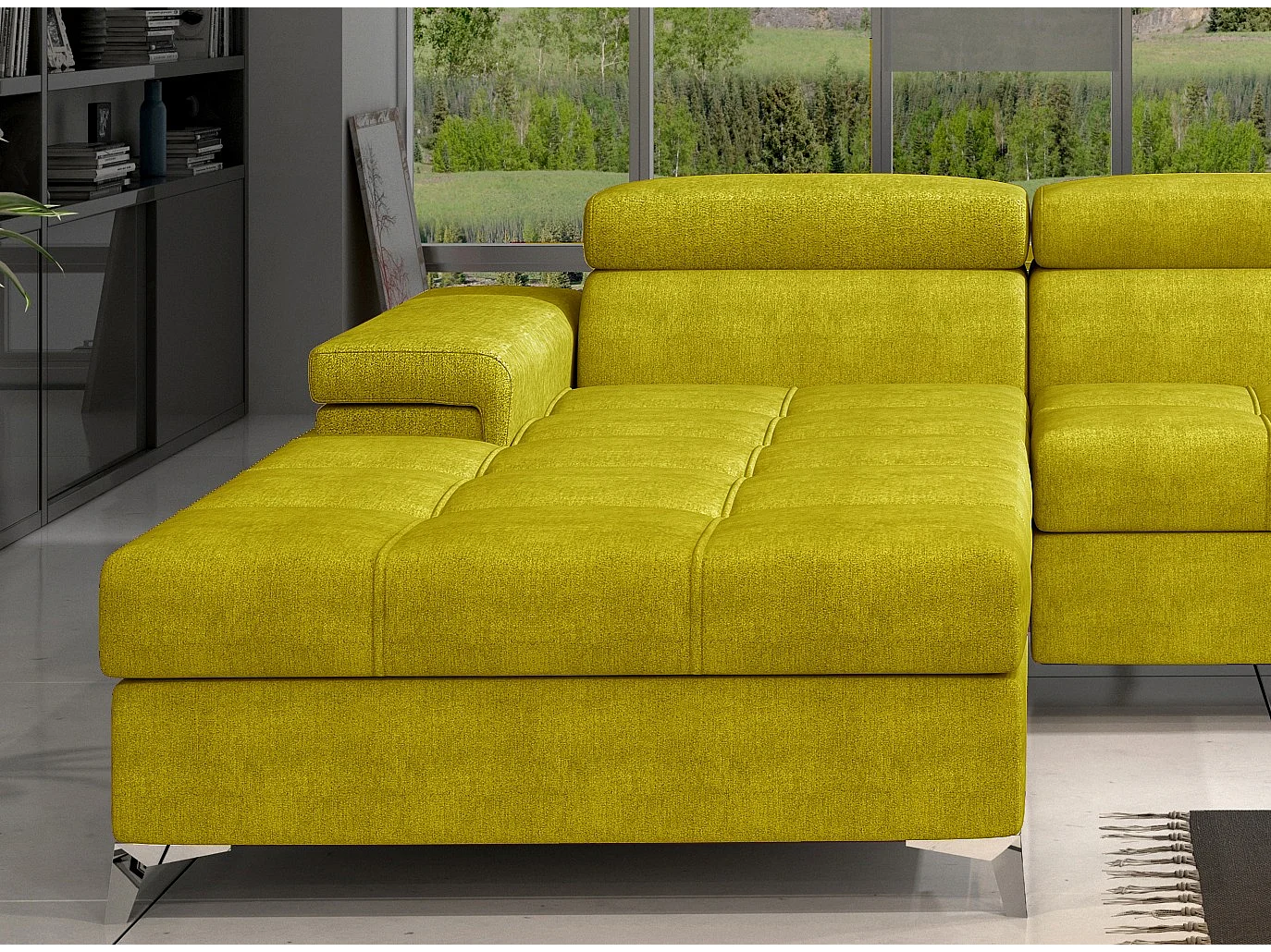 Canapé angle gauche convertible tissu jaune avec appuis-tête réglables Rikaro 280cm