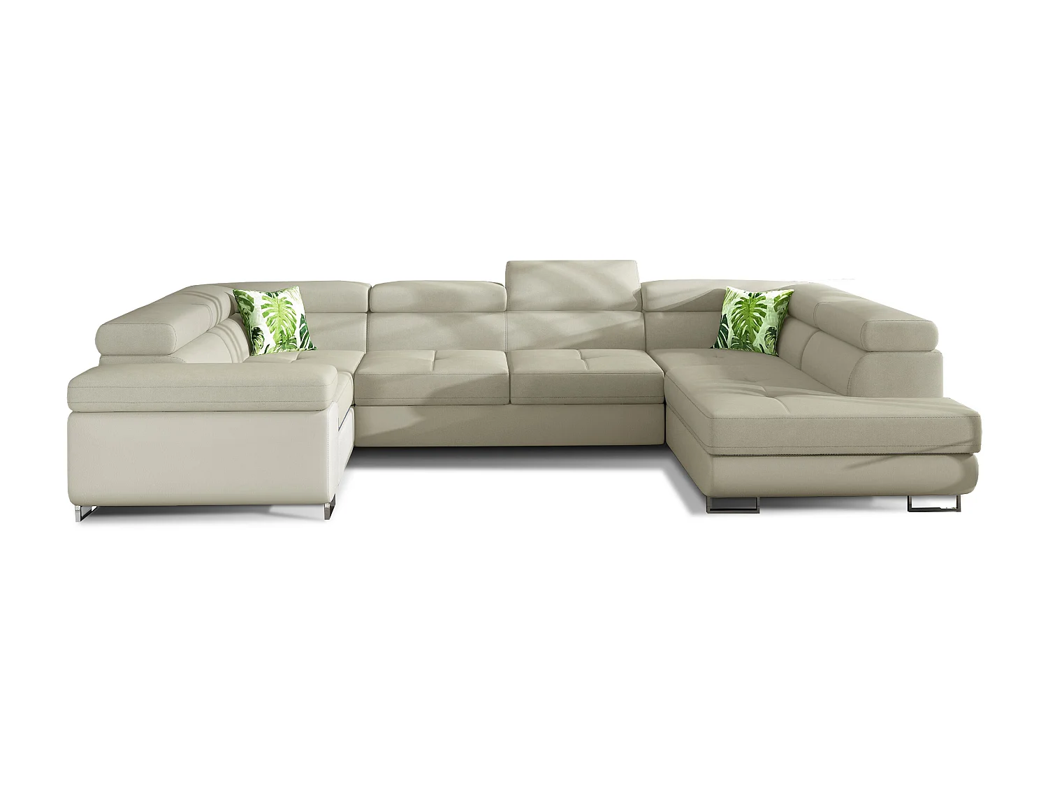 Canapé convertible U droit tissu et simili beige clair avec coffre de rangement Tovy 340cm