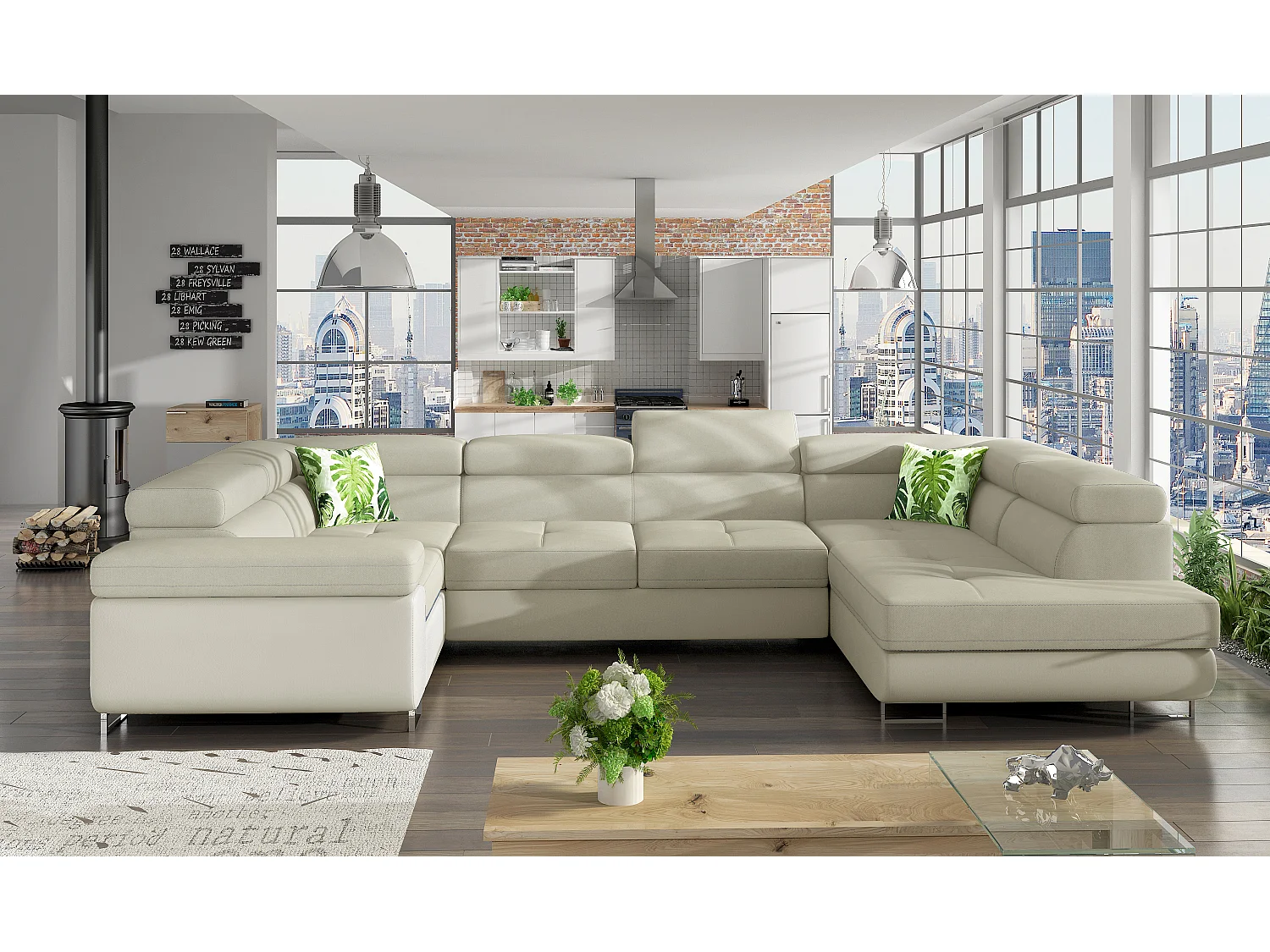 Canapé convertible U droit tissu et simili beige clair avec coffre de rangement Tovy 340cm