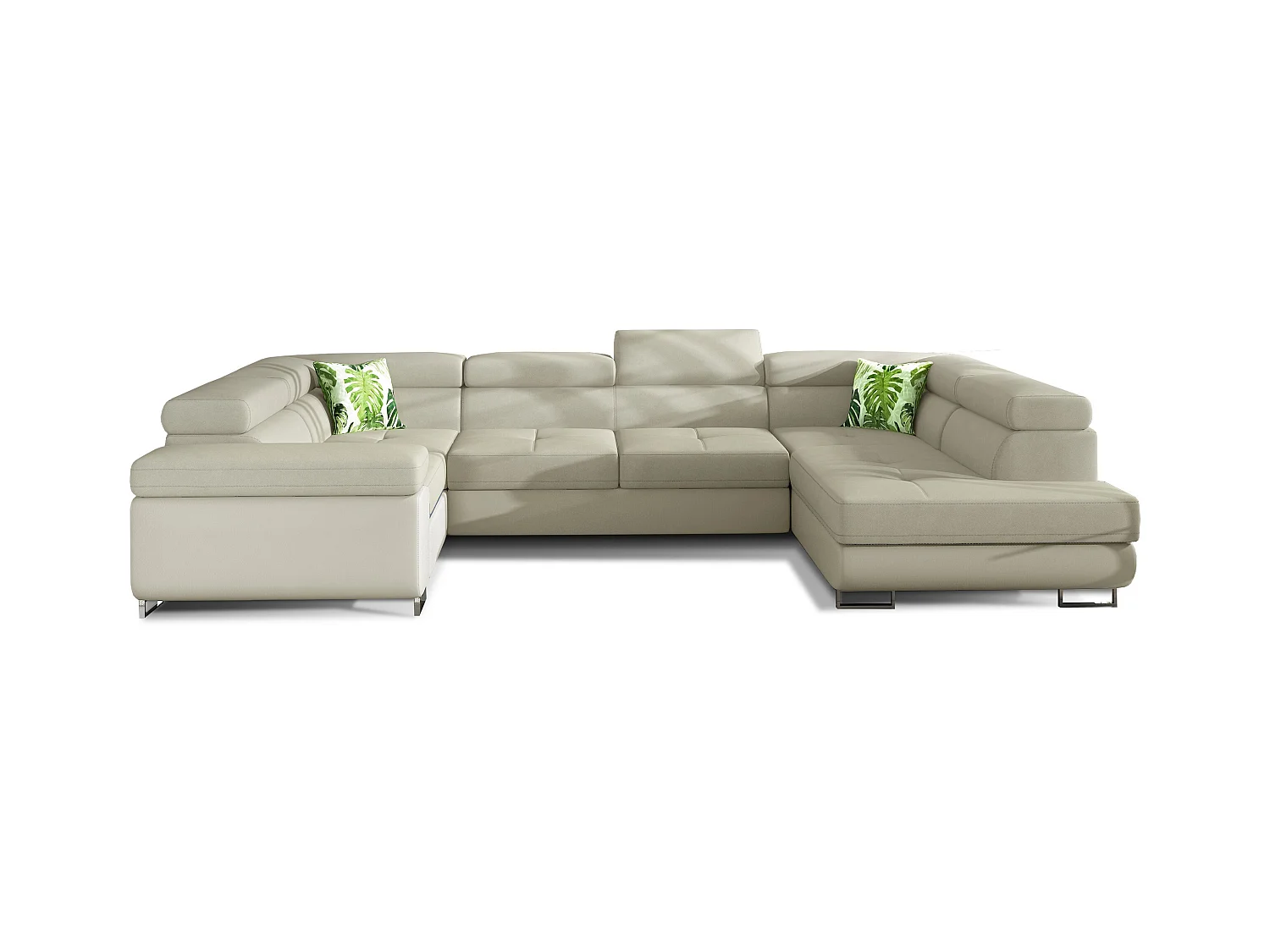 Canapé convertible U droit tissu et simili beige clair avec coffre de rangement Tovy 340cm