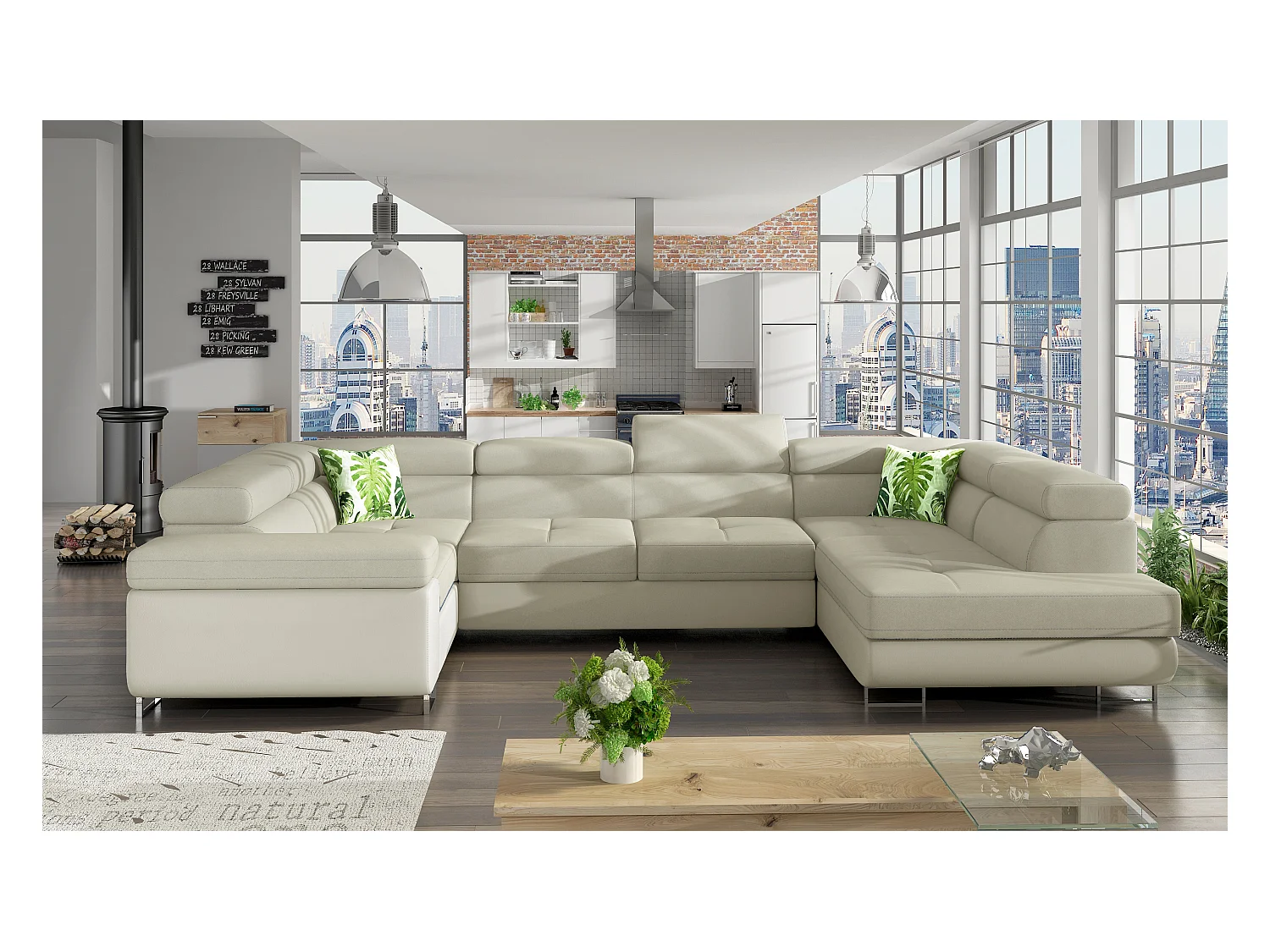 U rechte slaapbank in lichtbeige stof en imitatie met Tovy opbergdoos 340 cm