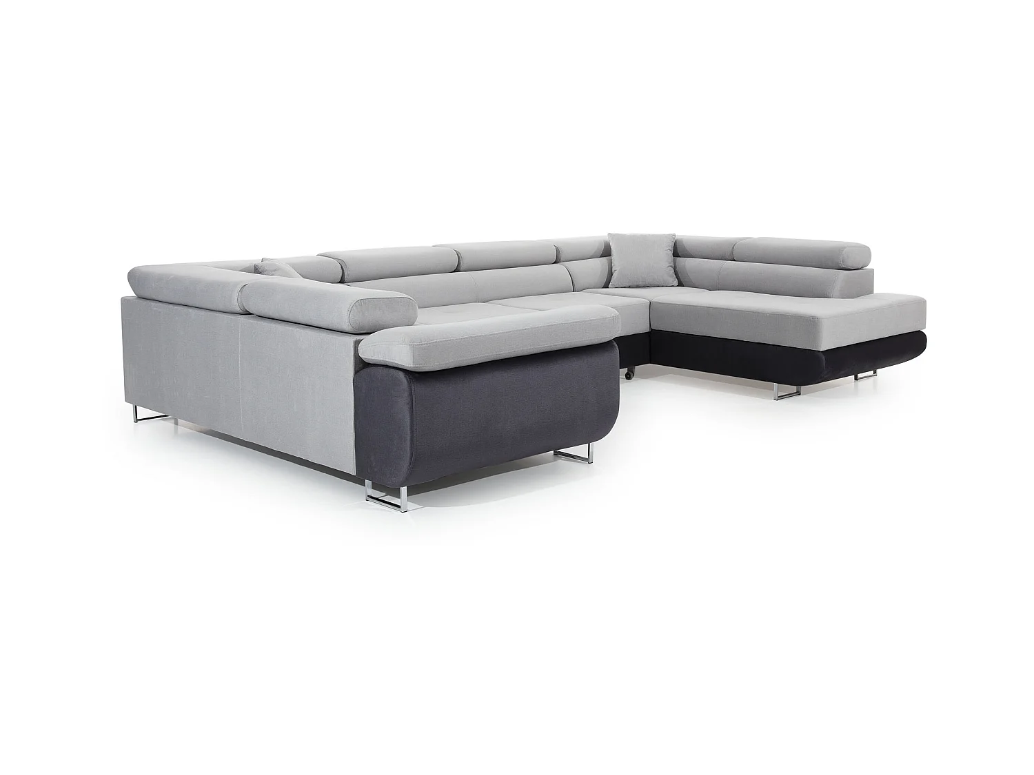 U rechte slaapbank in lichtbeige stof en imitatie met Tovy opbergdoos 340 cm