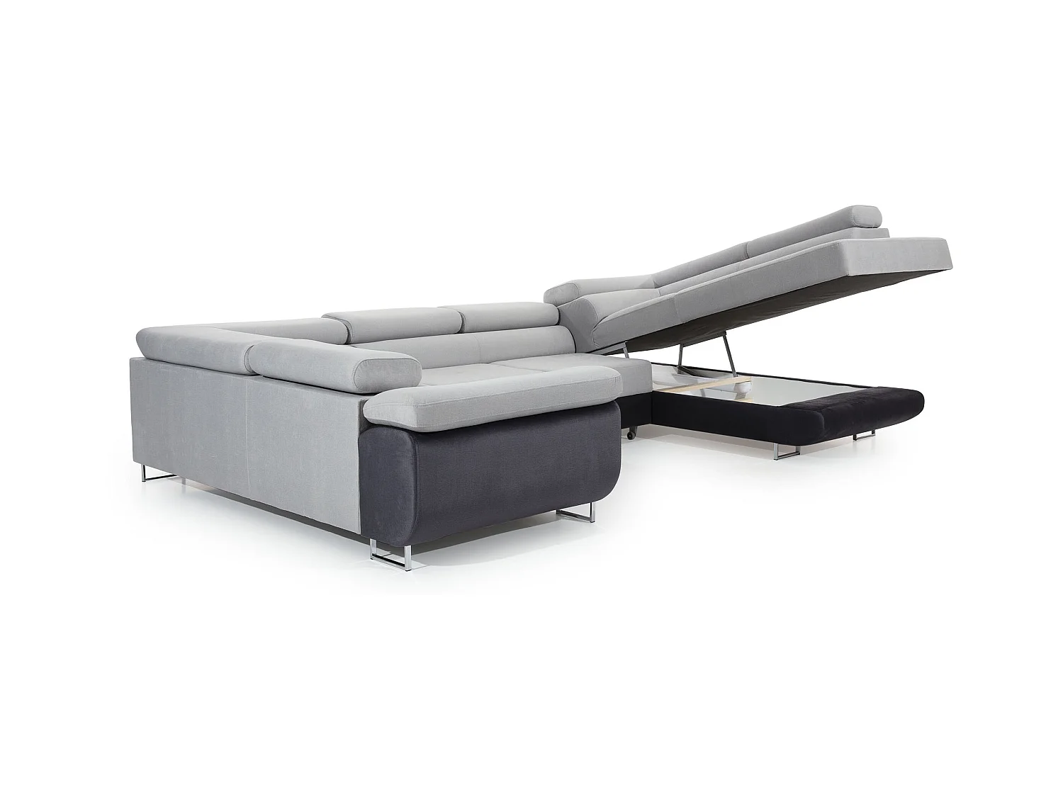 U rechte slaapbank in lichtbeige stof en imitatie met Tovy opbergdoos 340 cm