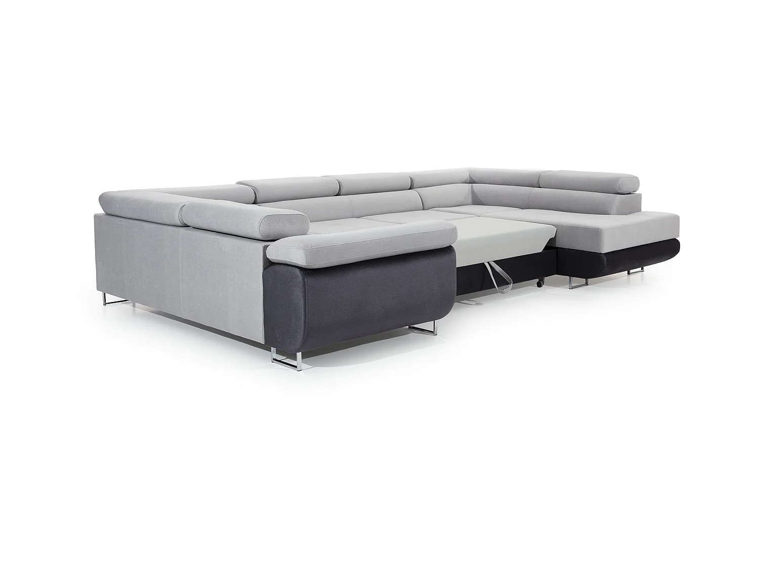 U rechte slaapbank in lichtbeige stof en imitatie met Tovy opbergdoos 340 cm