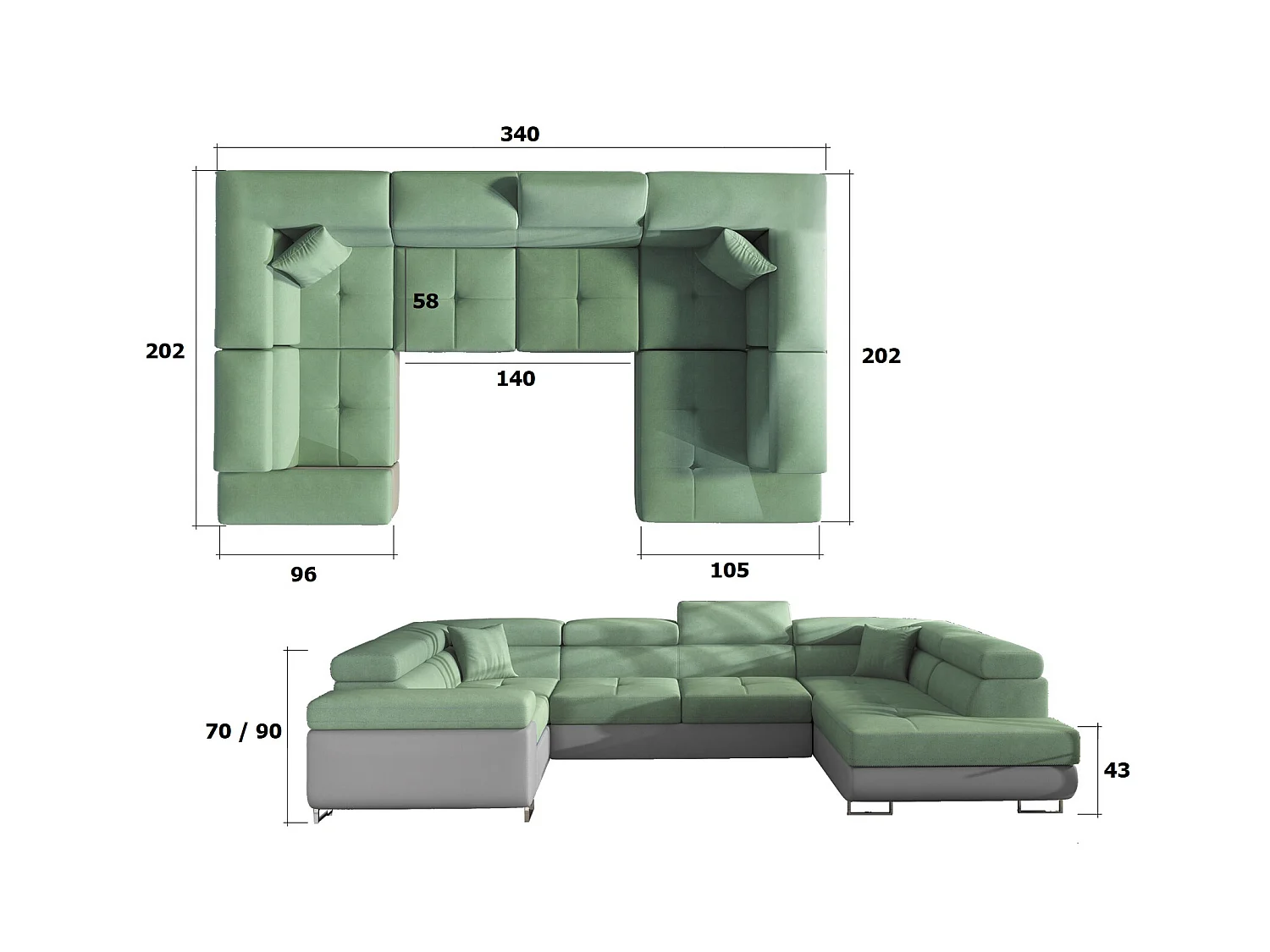 U rechte slaapbank in lichtbeige stof en imitatie met Tovy opbergdoos 340 cm