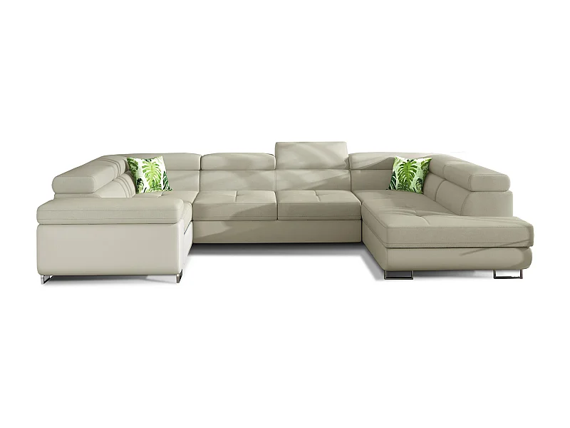 Canapé convertible U droit tissu et simili beige clair avec coffre de rangement Tovy 340cm