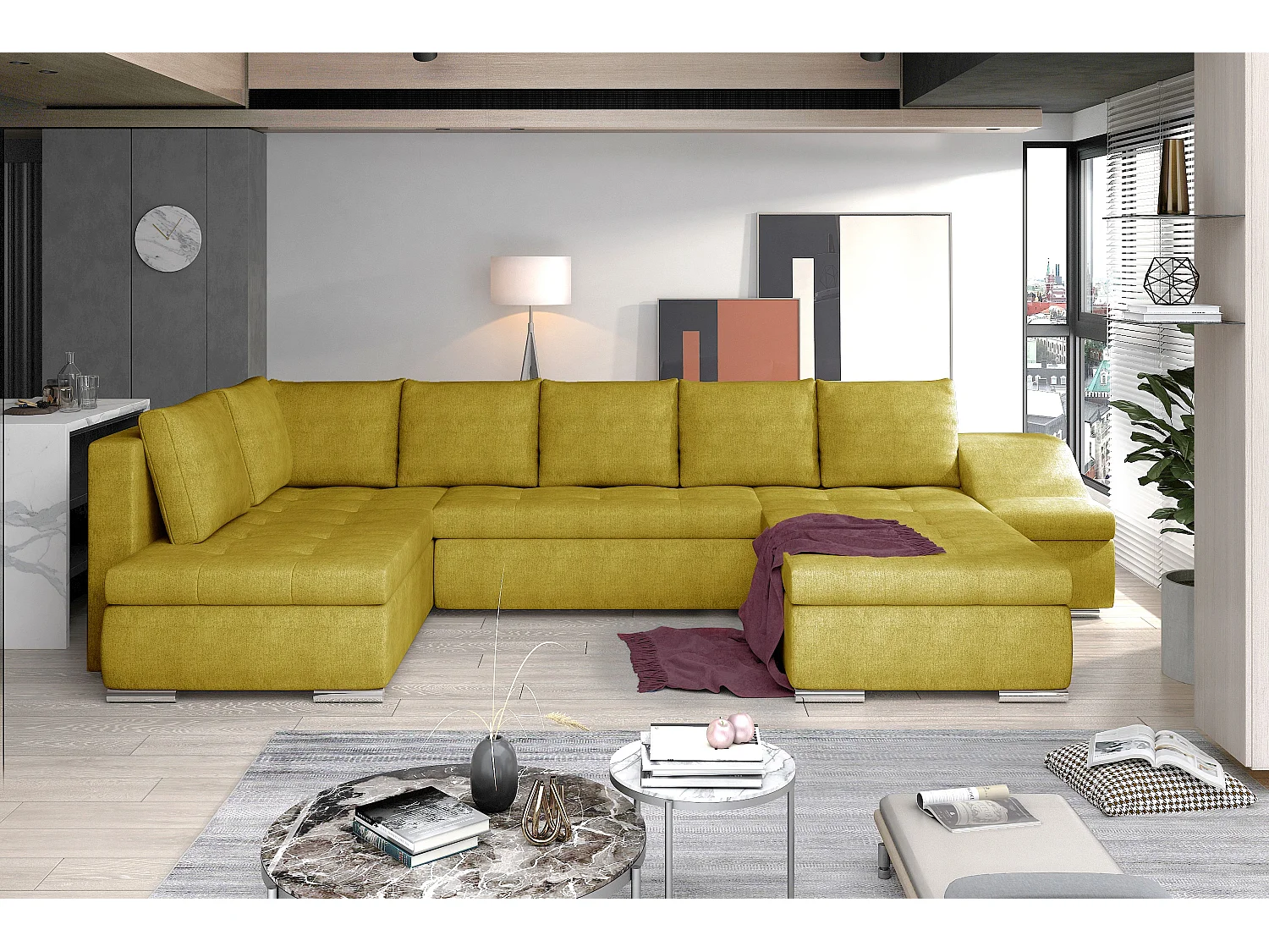 Canapé panoramique convertible tissu vert moutarde Jonaz 340cm-Méridienne A droite