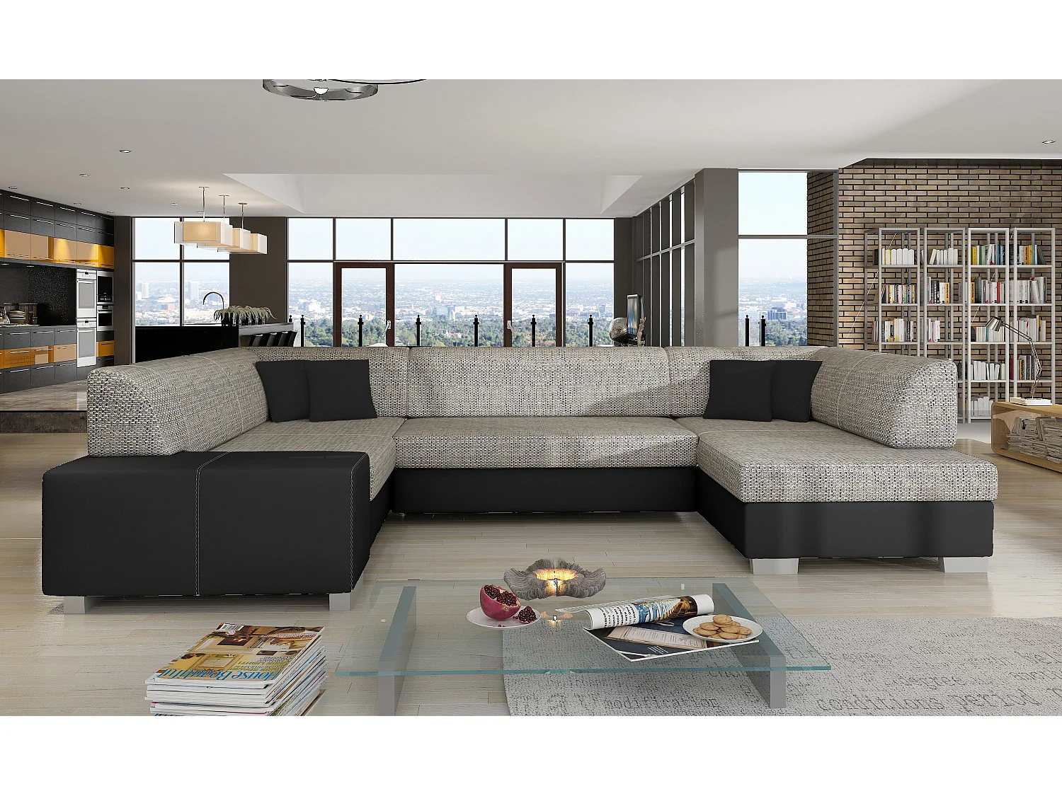 Canapé convertible panoramique bi matières tissu gris chiné et simili cuir noir avec coffre de rangement Houston 320cm-Coffre de rangement à droite