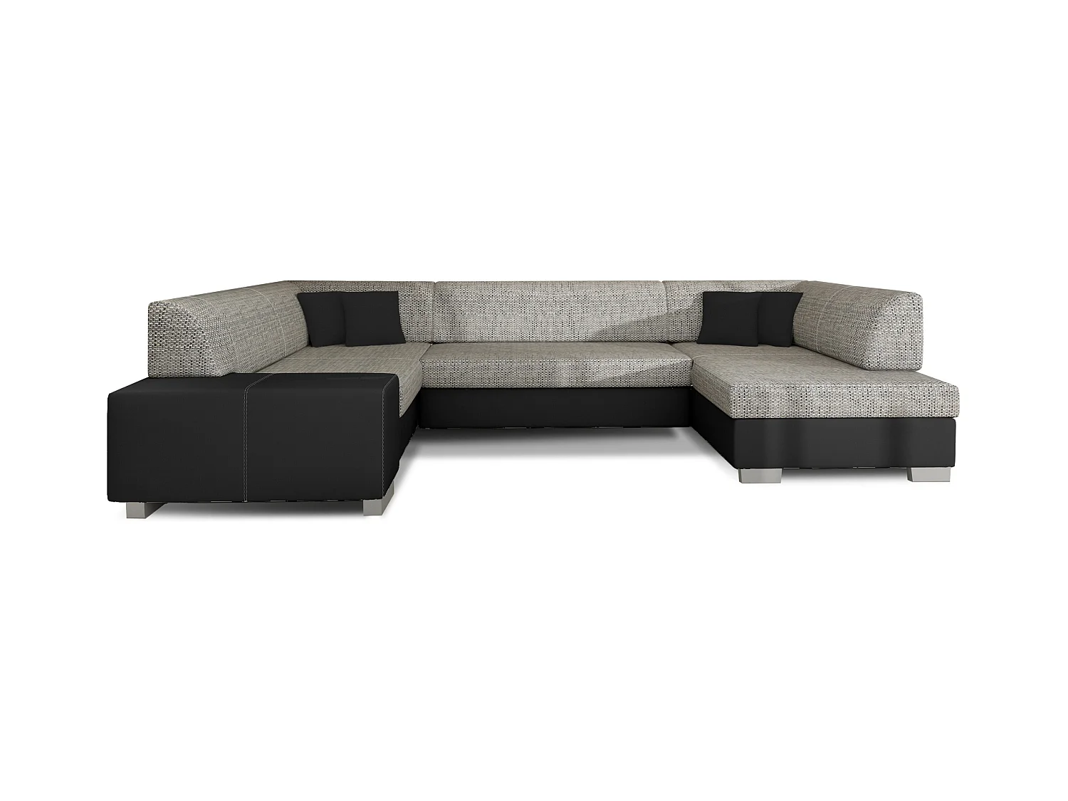 Canapé convertible panoramique bi matières tissu gris chiné et simili cuir noir avec coffre de rangement Houston 320cm-Coffre de rangement à droite