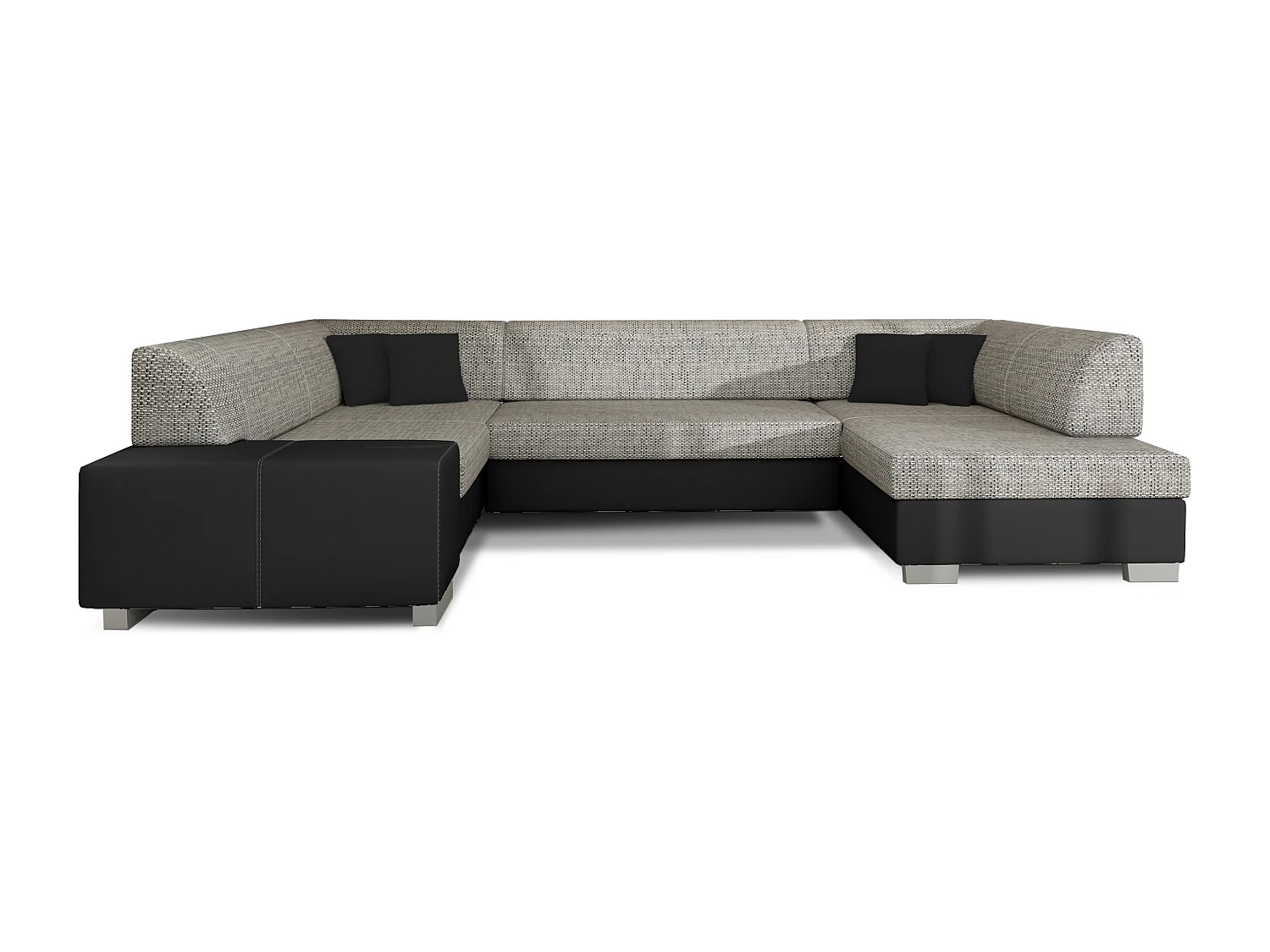 Canapé convertible panoramique bi matières tissu gris chiné et simili cuir noir avec coffre de rangement Houston 320cm-Coffre de rangement à droite