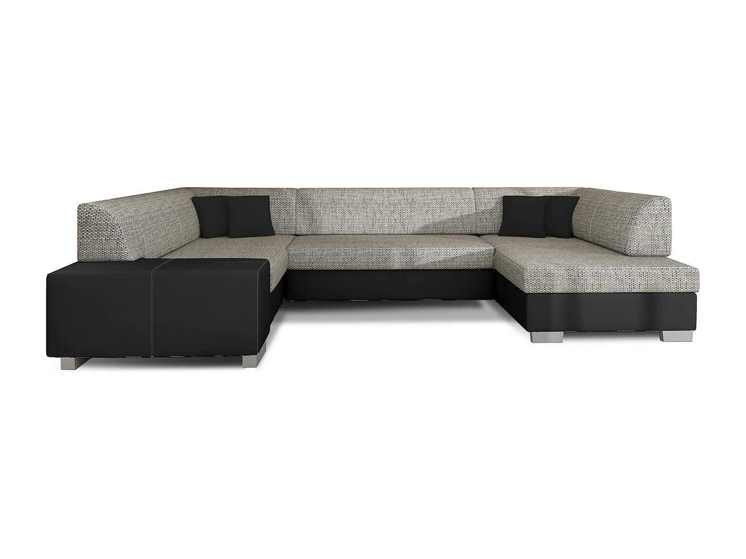 Canapé convertible panoramique bi matières tissu gris chiné et simili cuir noir avec coffre de rangement Houston 320cm-Coffre de rangement à droite