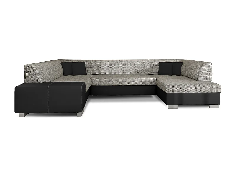 Canapé convertible panoramique bi matières tissu gris chiné et simili cuir noir avec coffre de rangement Houston 320cm-Coffre de rangement à droite