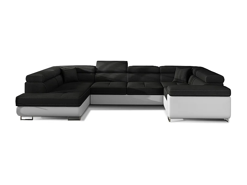 Canapé convertible U gauche tissu noir et simili blanc avec coffre de rangement Tovy 340cm