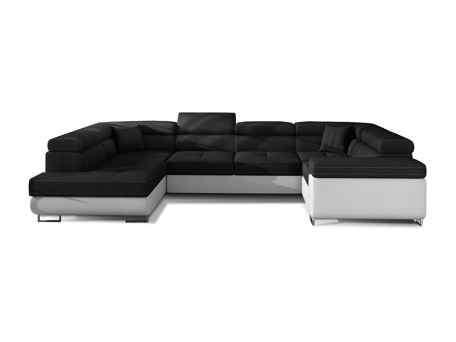 Canapé convertible U gauche tissu noir et simili blanc avec coffre de rangement Tovy 340cm