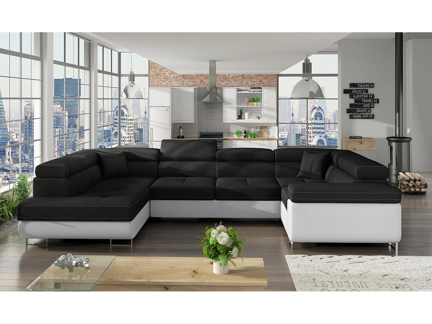 Canapé convertible U gauche tissu noir et simili blanc avec coffre de rangement Tovy 340cm