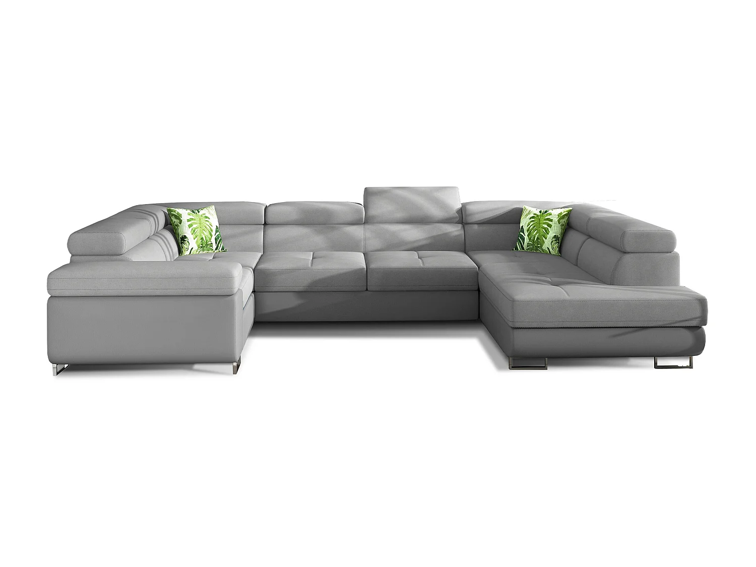 Canapé convertible U droit tissu et simili gris avec coffre de rangement Tovy 340cm