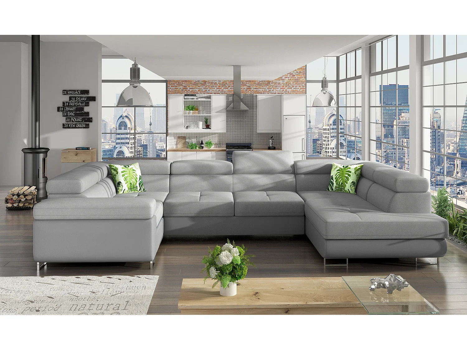 Canapé convertible U droit tissu et simili gris avec coffre de rangement Tovy 340cm