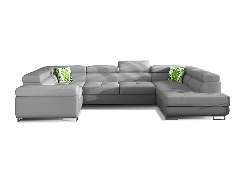 Canapé convertible U droit tissu et simili gris avec coffre de rangement Tovy 340cm