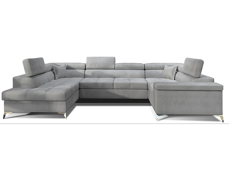 Canapé panoramique convertible velours gris clair avec coffre de rangement Triano 342cm-Coffre de rangement à gauche