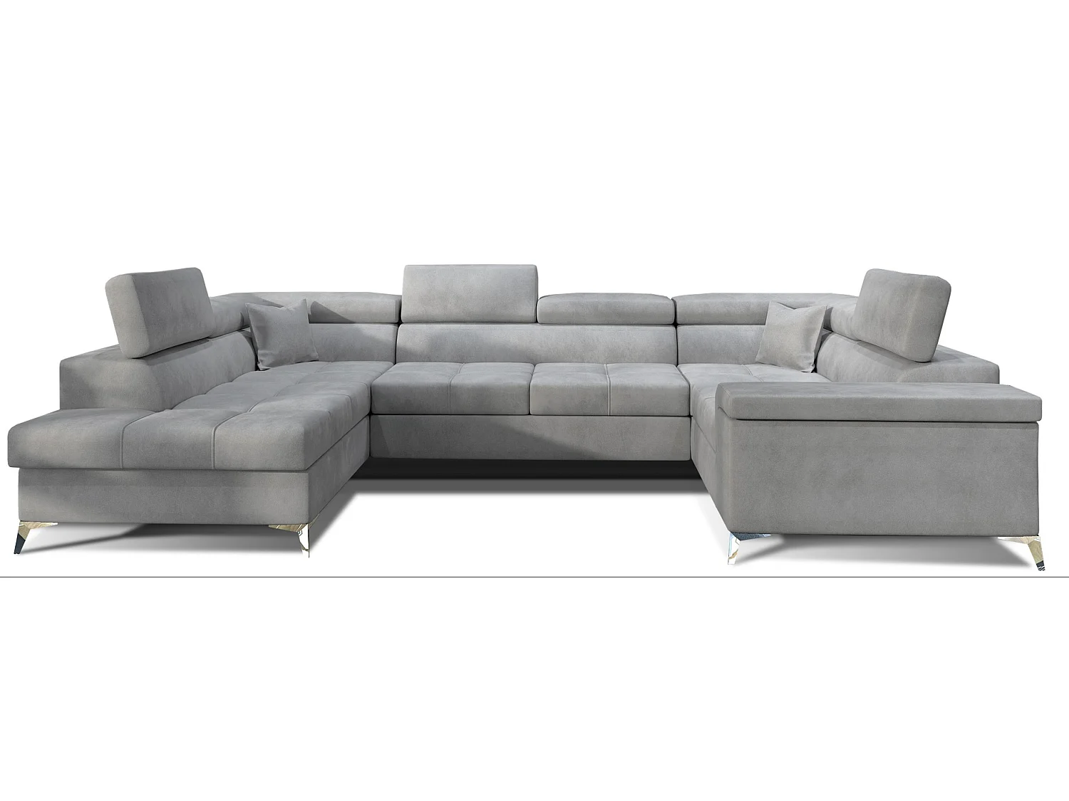 Canapé panoramique convertible velours gris clair avec coffre de rangement Triano 342cm-Coffre de rangement à gauche