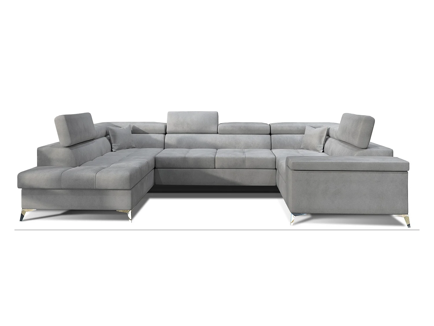 Canapé panoramique convertible velours gris clair avec coffre de rangement Triano 342cm-Coffre de rangement à gauche