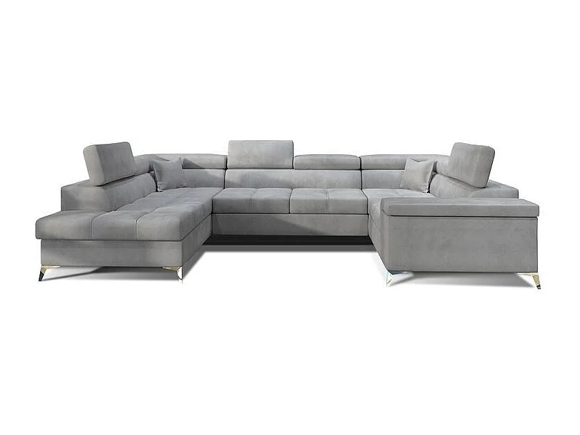Canapé panoramique convertible TRIANO velours - têtières réglables-Gris perle-Coffre à gauche