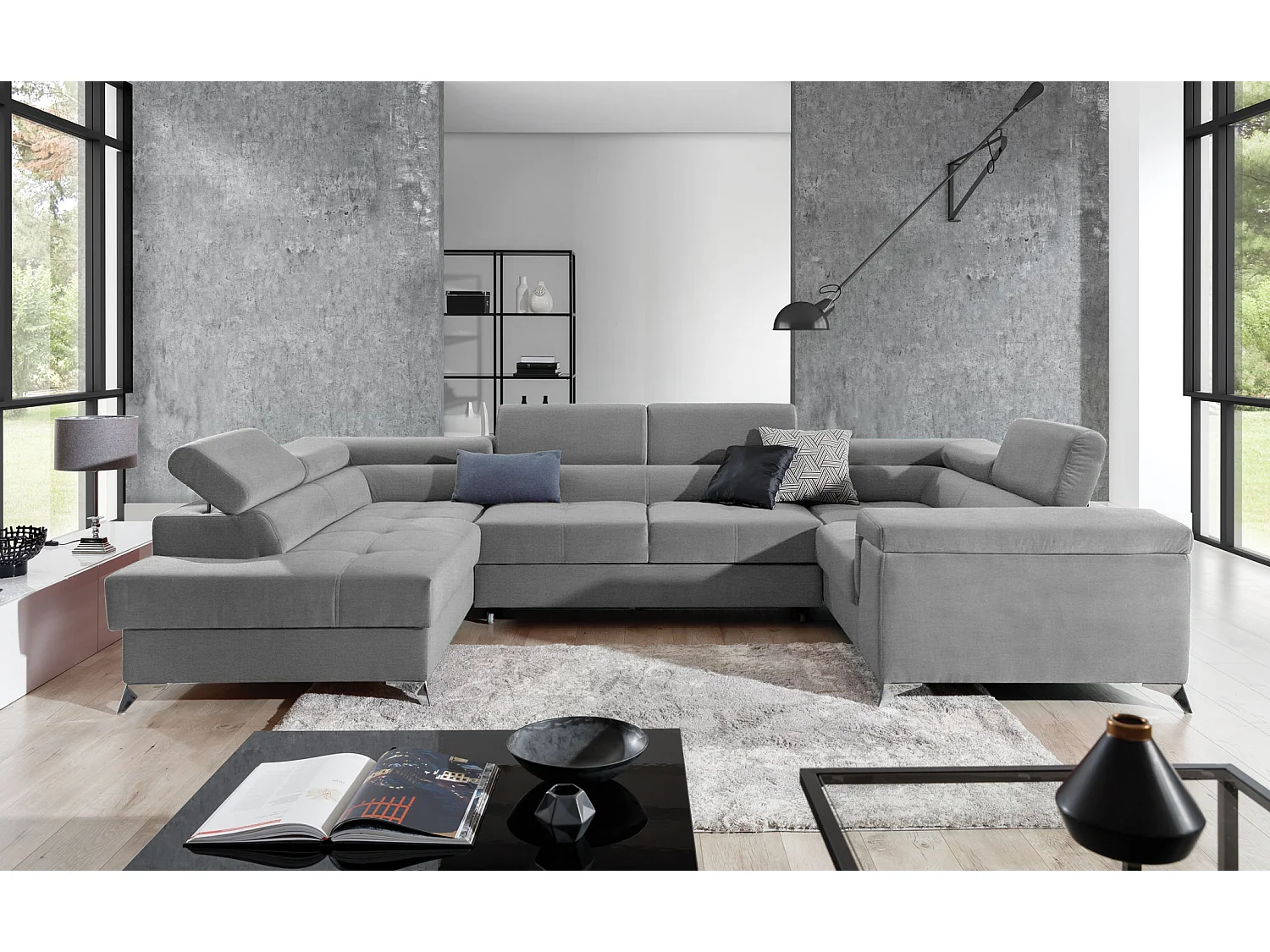 Canapé panoramique convertible TRIANO velours - têtières réglables-Gris perle-Coffre à gauche