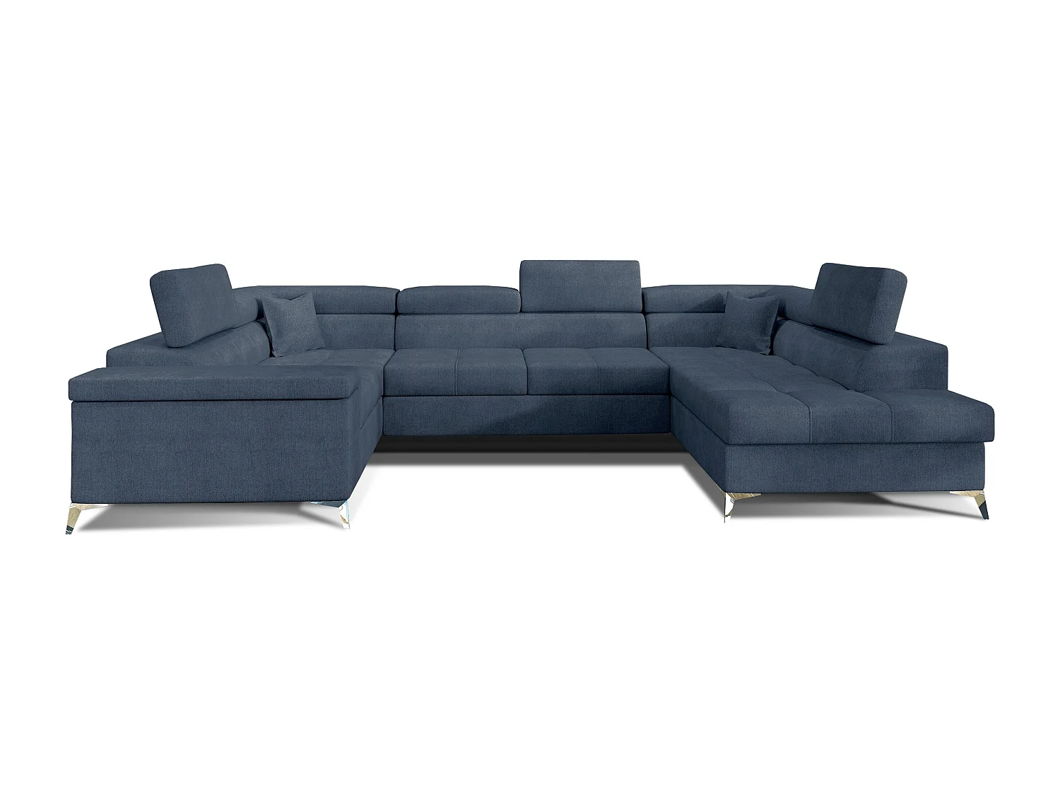 Canapé panoramique convertible tissu bleu jean avec coffre de rangement Triano 342cm-Coffre de rangement à droite