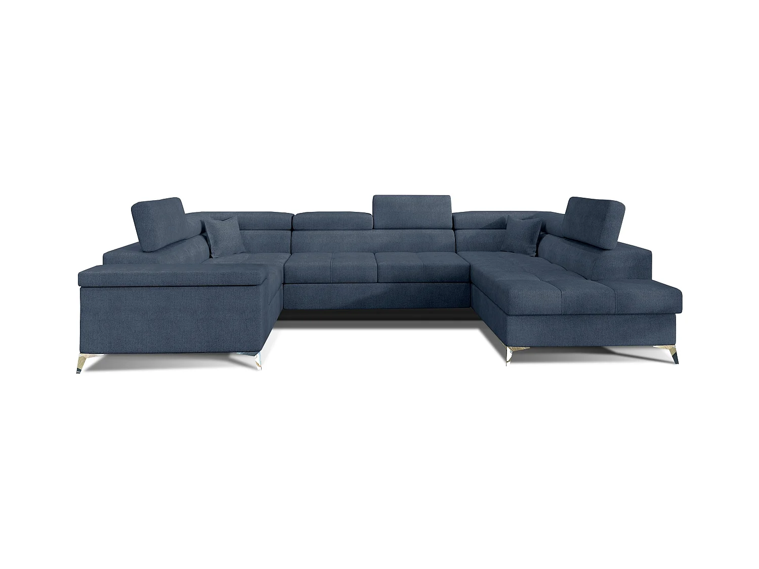 Canapé panoramique convertible tissu bleu jean avec coffre de rangement Triano 342cm-Coffre de rangement à droite